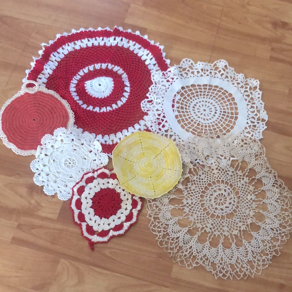 Vintage lot of 7 round doilies red peach yellow cream handmade crocheted